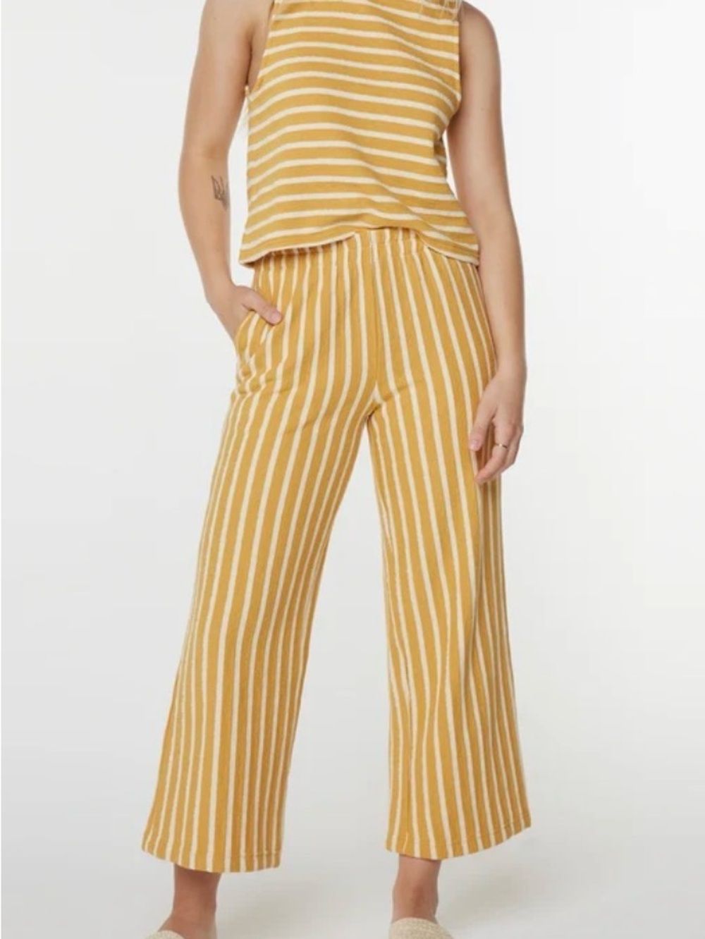 Roxy Mustard and White Striped Wide-Leg Crop Pants